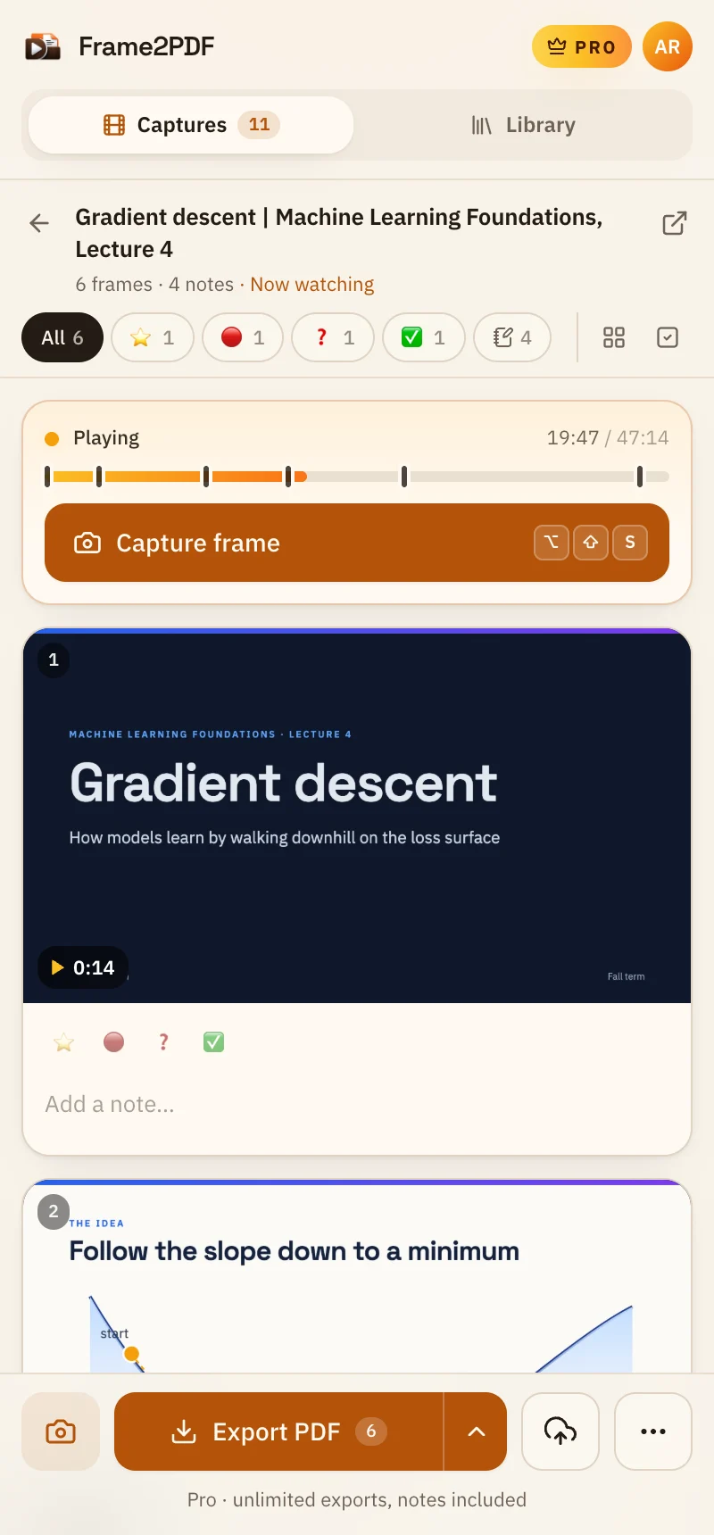The Frame2PDF side panel: the lecture playing, a Capture button, and captured frames with notes